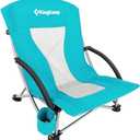 KingCamp Low Beach Chair, High Back Folding Camping Chair for Adults, Oversized Breathable Mesh Seat, 300lbs Heavy Duty Portable Chair with Cup Holder & Storage Pockets for Beach, Outdoor