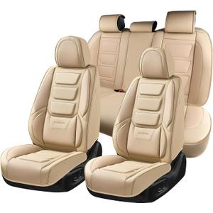 Coverado Car Seat Covers Full Set, Seat Covers for Cars, Front Seat Covers and Back Seat Cover Waterproof Leather Automotive Seat Cover, Universal Car Interior Protectors Cushion for Most Cars Beige