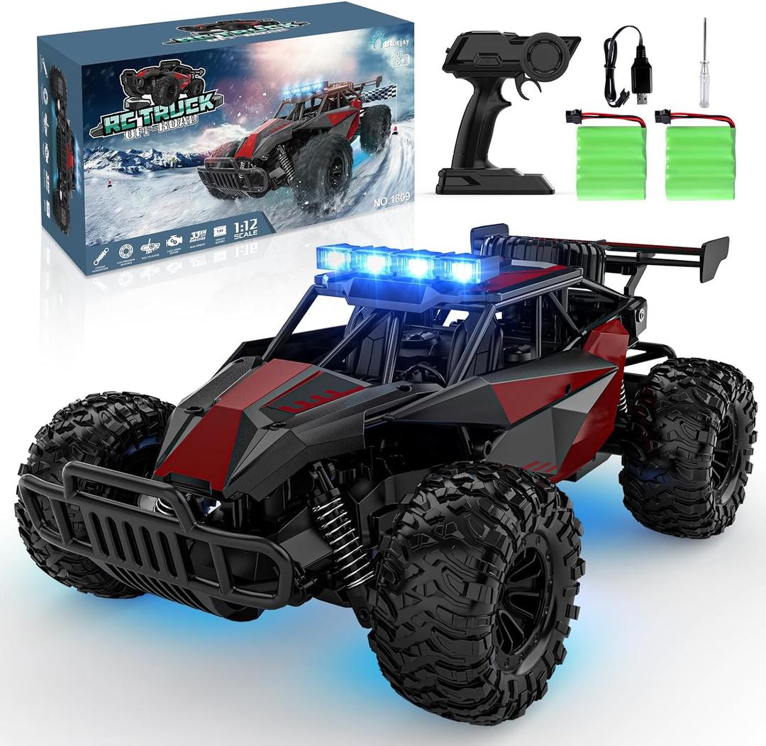 BLUEJAY Remote Control Car, 2.4GHz High Speed 33KM/H RC Cars Toys, 1:12 Monster RC Truck Off Road with LED Headlight and Rechargeable Battery Gifts for Adults Boys 8-12 (Burgundy Red)
