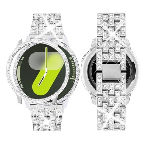 SUPOIX Band with Case ONLY Compatible for Samsung Galaxy Watch 7 44mm, 20mm Women Bling Replacement Strap & PC Protective Bumper Face Cover for Galaxy Watch 7 44mm (Silver/44mm)