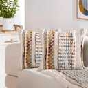 Emvency Boho Throw Pillow Covers 18x18 Inches Set of 2, Orange and White Chenille Tufted Farmhouse Striped Chic Modern Art Square Decorative Couch Pillowcases for Home Decor Bedroom Sofa Living Room