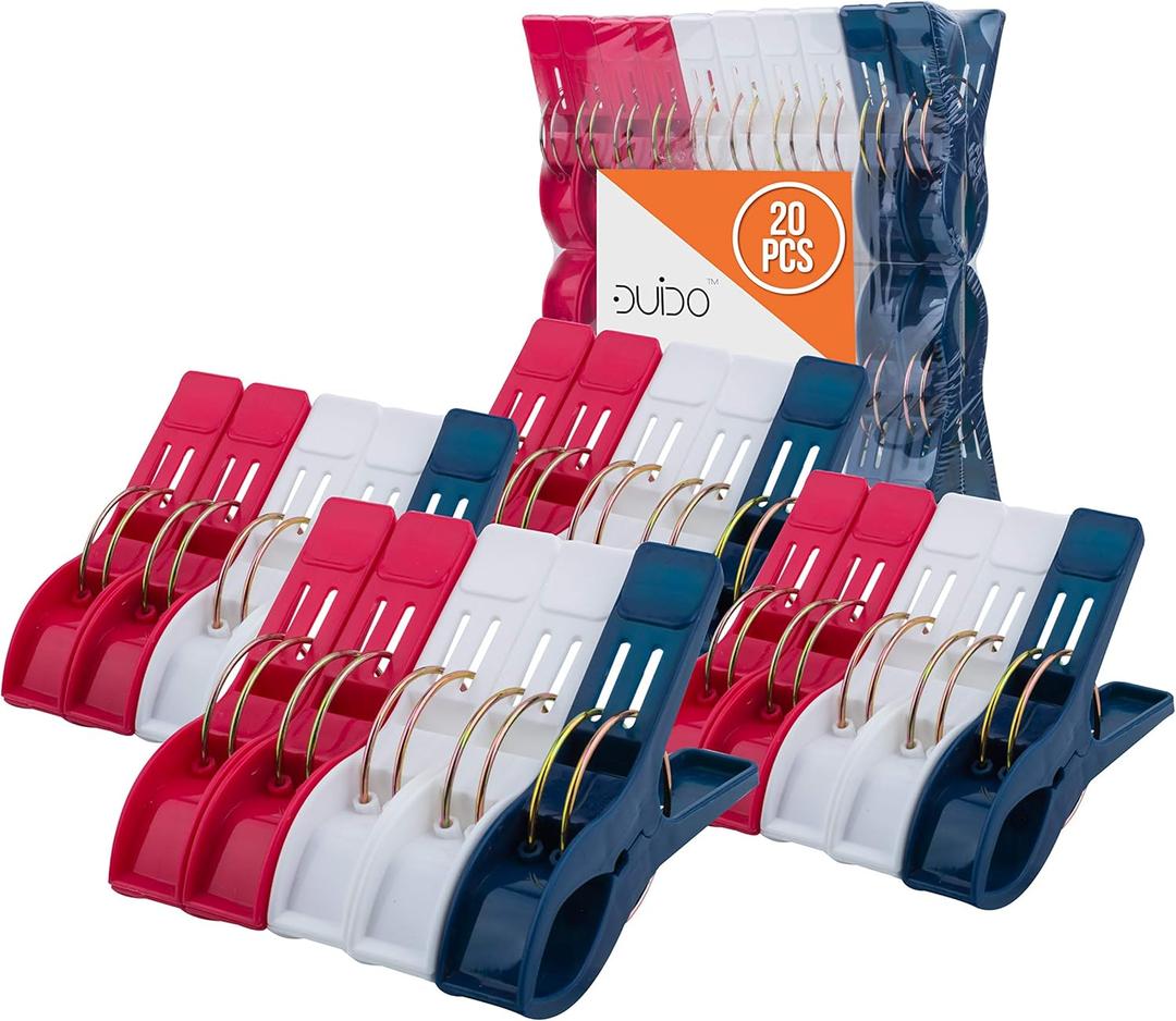 Premium Beach Towel Clips  20 Pack Chair Clips Heavy Duty  Cruise Ships, Laundry, Beach and Pool (Red/White/Blue)