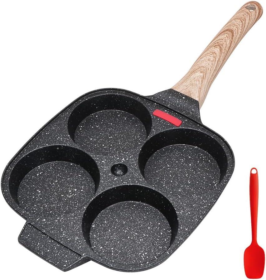 Egg Frying Pan, Fried Egg Pan Nonstick 4 Cups Pancake Pan Aluminium Alloy Cooker for Breakfast, Egg Pan Suitable for Gas & Induction (Black) (7.3 in No Lid)