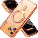 Magnetic Glitter Diamond for iPhone 17 Pro Max Case[Compatible with MagSafe]Sparkle Rhinestone Camera Lens Protector Plated,Crtstal Clear Slim Military Drop Shockproof Cover for Women,Orange