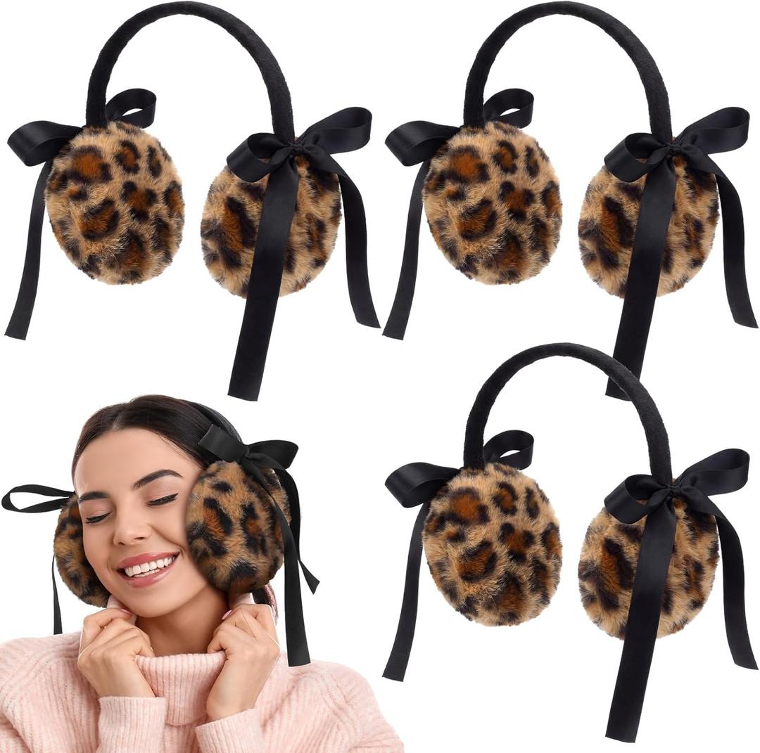 3 Pack Winter Leopard Ear Muffs Gifts for Women Leopard Ear Coverings with Satin Bow Cheetah Soft Earmuff Faux Fur Gifts for Woman Friends Family Coworker Winter Outdoor Cold Weather Warmer