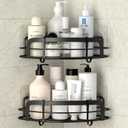 STEUGO Black Bathroom Corner Shower Shelfs, Adhesive Wall Mounted Shower Caddy with 4 Movable Hooks, Rustproof Stainless Steel Bathroom Shower Organizer, No Drilling Wall Mount 2-Pack