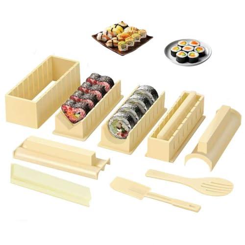 XPAPOV Sushi Making Kit, Sushi Maker 10 Pcs Plastic Sushi Tool Set Sushi Rice Roll Mold Shapes, DIY Sushi Roller Tool for Home (Beige)