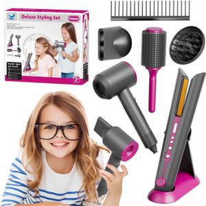 Girls Hair Salon Toys for Girls Beauty Salon Deluxe Styling Set -Kids Hair Dryer Toy, Straightener Hairdryer with Real Function, Interactive Lights & Sounds Fashion Play Set for Children Age 3+