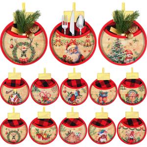 12Pcs Christmas Ball Pot Holders with Pocket 8 x 8 Inch, Xmas Ball Shaped Winter Hot Pads Oven Mitts Heat Resistant Potholders for Kitchen Gift Cooking Baking Holiday Decoration(Retro Charm)