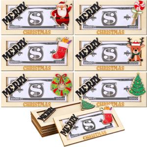 Shinylin 6 Pcs Christmas Money Holders for Cash Wooden Gift for Christmas Card Holder Ornament Gift Envelopes for Cash Wallet DIY Money Present Santa Claus Xmas Tree Hanging Decoration