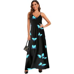 shengfan Plus Size Maxi Dresses Sundress for Women Loose Printed Adjustable African Beach Dress with Pockets (Black, M)