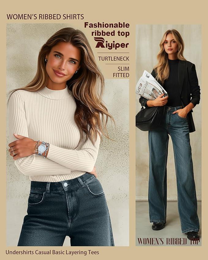 Riyiper 1 Pack Women's Ribbed Shirts, Mock Turtleneck Long Sleeve Tops Slim Fitted Undershirts Casual Basic Layering Tees(White,X-Large)
