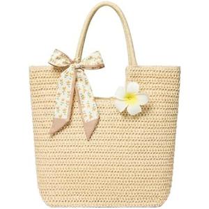 Straw Tote Bag for Women, Large Summer Beach Bag with Polka Dot Scarf & Plumeria Flower (beige)