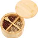 Natural bamboo Salt and Pepper Bowl, Bamboo Salt Cellar and Spices Storage Box With Built-in Spoon and Magnetic Swivel Lid (Two Compartments)