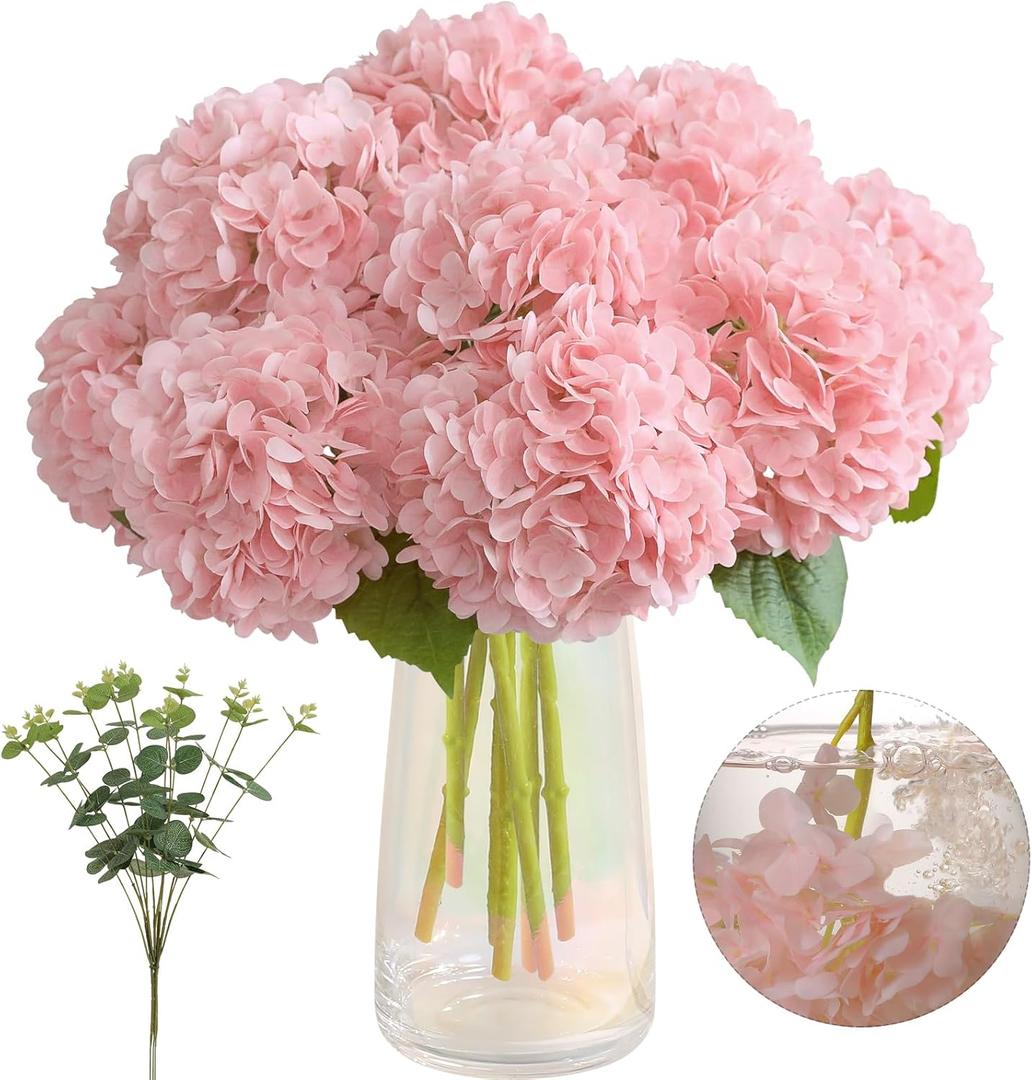 Tifuly Fake Hydrangea Artificial Flowers with Vase 4pcs Real Touch Faux Hydrangea with 3pcs Eucalyptus Stems for Wedding Centerpiece Home Party Table DecorationPink