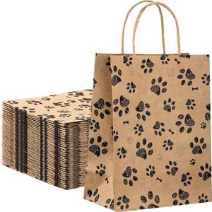 50 Pcs Large Puppy Dog Paw Print Gift Bags with Paper Handles - 10.6x8.3x4.3 Inch Kraft Dog Treat Paper Bags for Pet Treat Party Favor Birthday Gift (Brown)