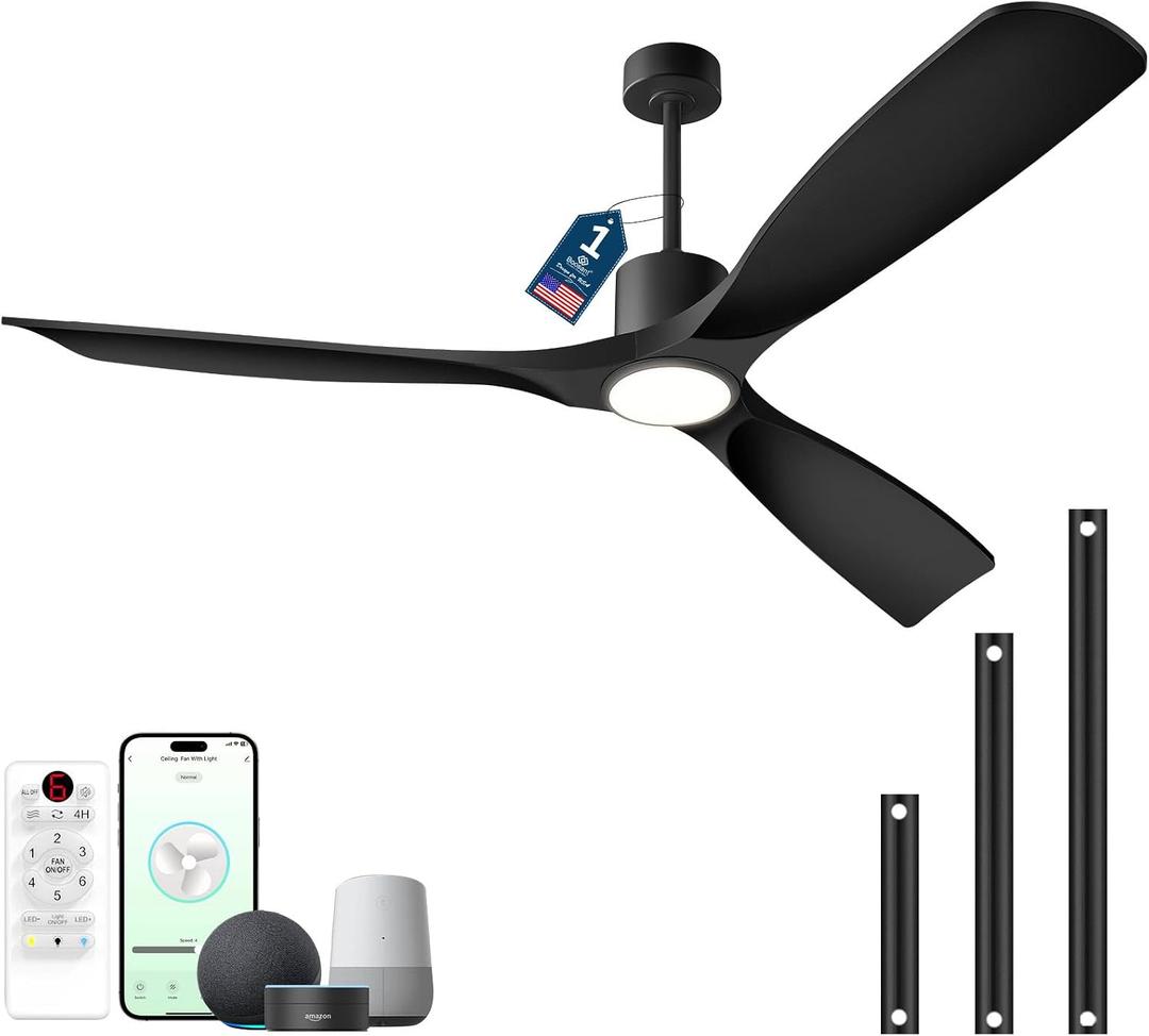 60" Ceiling Fan with Lights,Outdoor Wood Ceiling Fan 3 Blade,Compatible with Alexa/App/Remote,3-Color Light 6-Speed Quiet Reversible DC Motor for Patio,Black