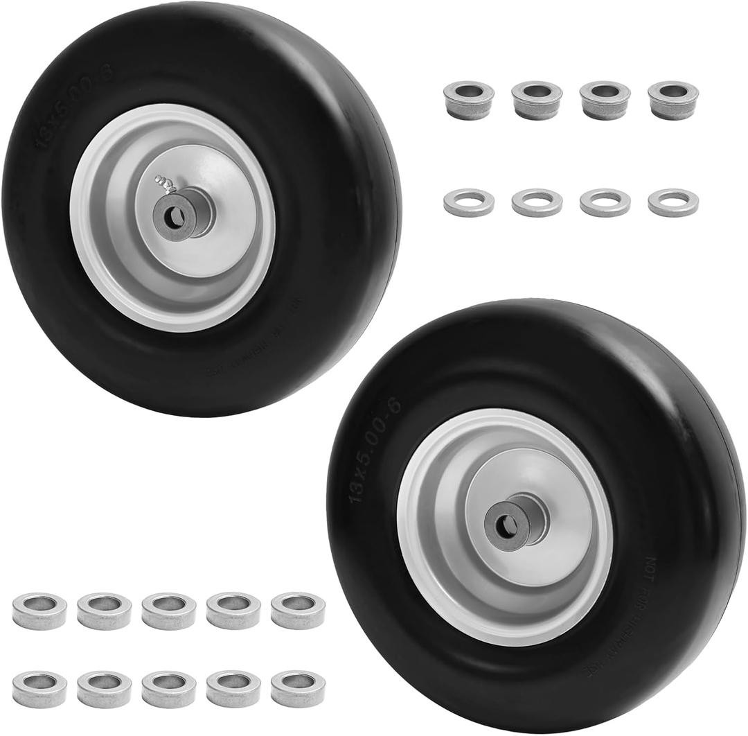 (2 Pack) 13x5.00-6 Flat Free Tire and Wheel,Front Zero-Turn Smooth Tire with 3/4" & 5/8" Precision bearings,3.25"- 5.9" Center Hub Replacement for Riding Lawn Mower,Zero-Turn Mowers, 2 pcs