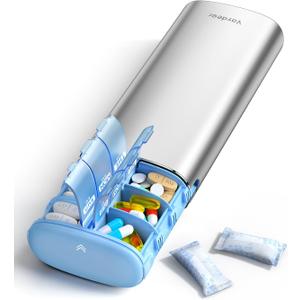 Vaydeer Metal 7 Day Pill Organizer 2 Times a Day AM PM Weekly Travel Pill Case with Moisture-Proof Desiccant, Airtight Large Capacity Pill Box for Vitamins, Medications & Supplements (Silver)