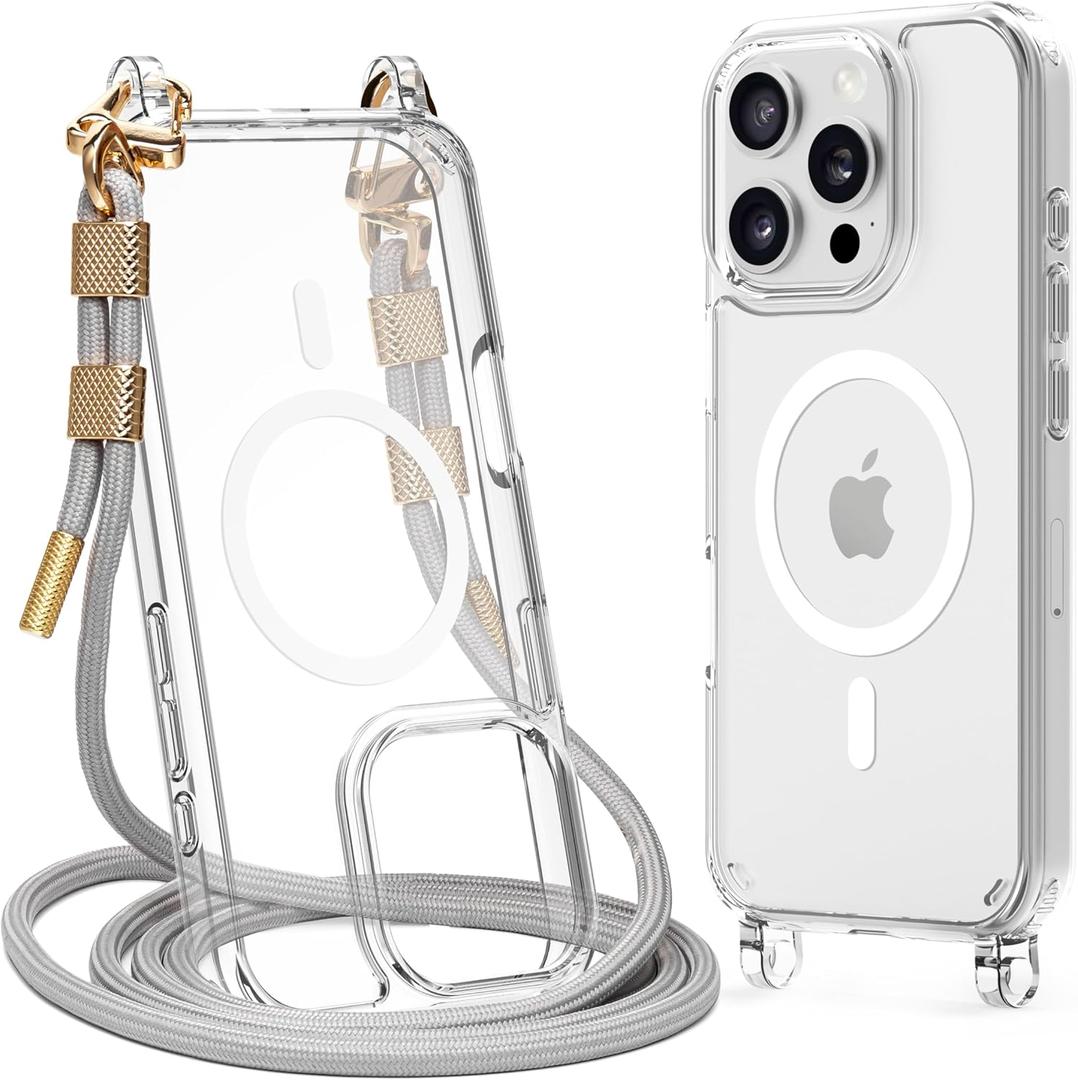 Magnetic Clear Case Compatible with iPhone 16 Pro Case Crossbody Anti Lost Strap Shockproof Protective Lanyard Phone Case Grey (Gray)