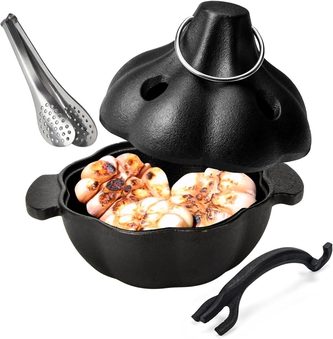 Cast Iron Garlic Roaster with Handle, Smoker Roaster, Garlic Cooker, Cast Iron Baker, Mini Roasting Pot, Potato Baker, Mini Cocotte, Used in the Kitchen Oven or Outdoors on a BBQ Grill Stove (6.1")