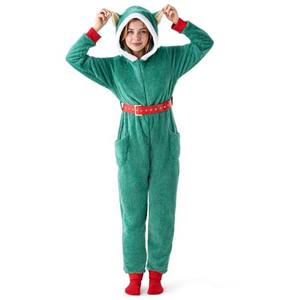 Giggling Getup Adult Women's Christmas Pajamas, Sherpa Fleece Pajamas Women, Green Hoody Holiday Jumpsuit