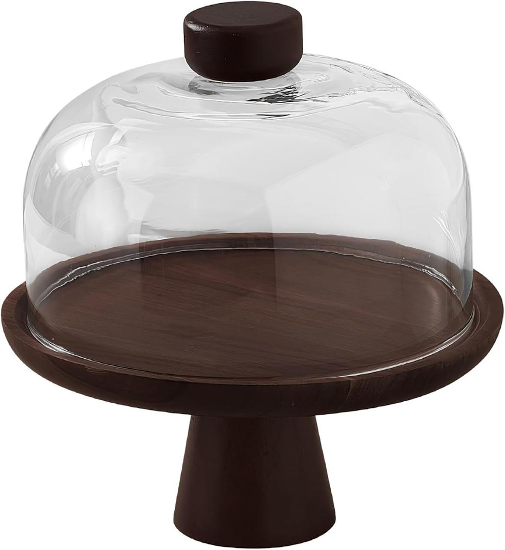 Acacia Wood Cake Stand with Lid, 11 in Round Cake Holder with Clear Glass Dome, Pedestal Dessert Display Plate, Wooden Dessert Serving Stand for Party, Wedding, Celebration