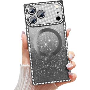 Misscase Magnetic Glitter Case for iPhone 17 Pro Max 6.9 Inch, Camera Protection, Compatible with MagSafe, Rectangle Cute Bling Sparkle Diamond Colorful Phone Cover, Drop-Tested & Shockproof-Black
