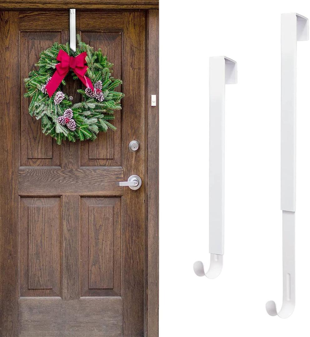 2 Pack Adjustable Length Wreath Hanger Christmas Decoration for Front Door,Extends from 15 - 24 Metal Wreath Hooks Over The Door for Party Decoration, Hanging Clothing, Towels, WreathsWhite