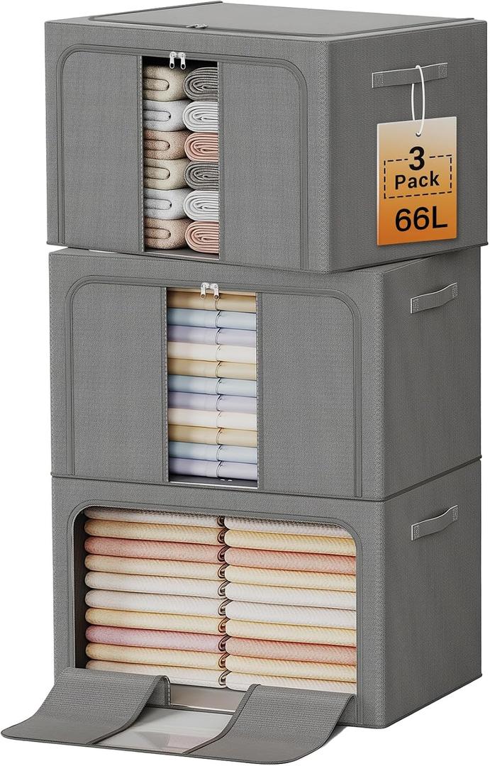 Clothes Storage Bins with Metal Frame, Foldable Clothes Organizers Storage Containers for Clothes, Sheets, Blankets, Pillows and Towels 66L, 3 Pack, Deep Grey