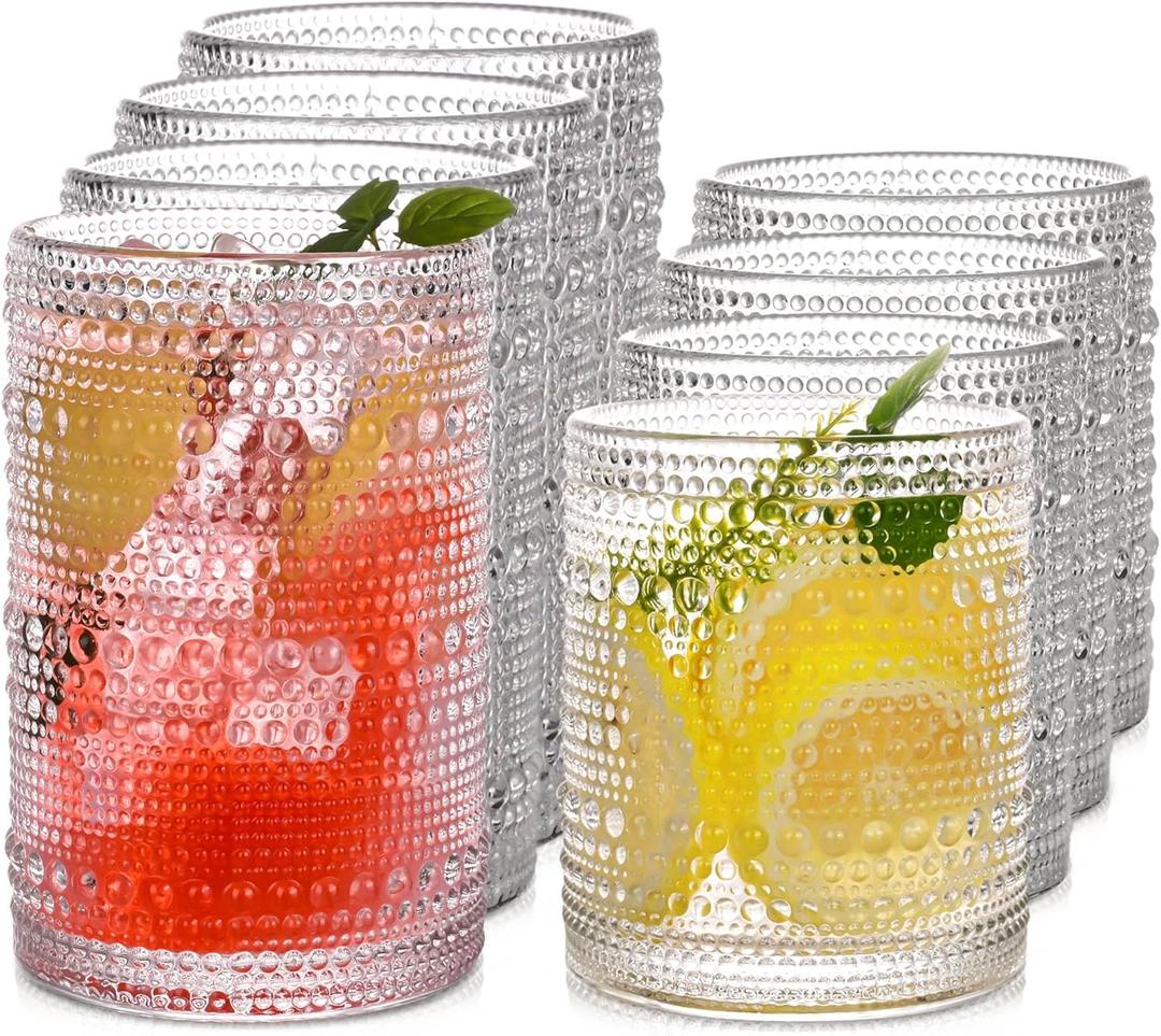 Vintage Hobnail Drinking Glasses Set of 815 oz Highball Glasses & 12 oz Cocktail GlassesDrinkware Kitchen Glasses for Cocktail, Iced Coffee, Beer, Ice Tea, Wine, Whiskey, Water (Clear)