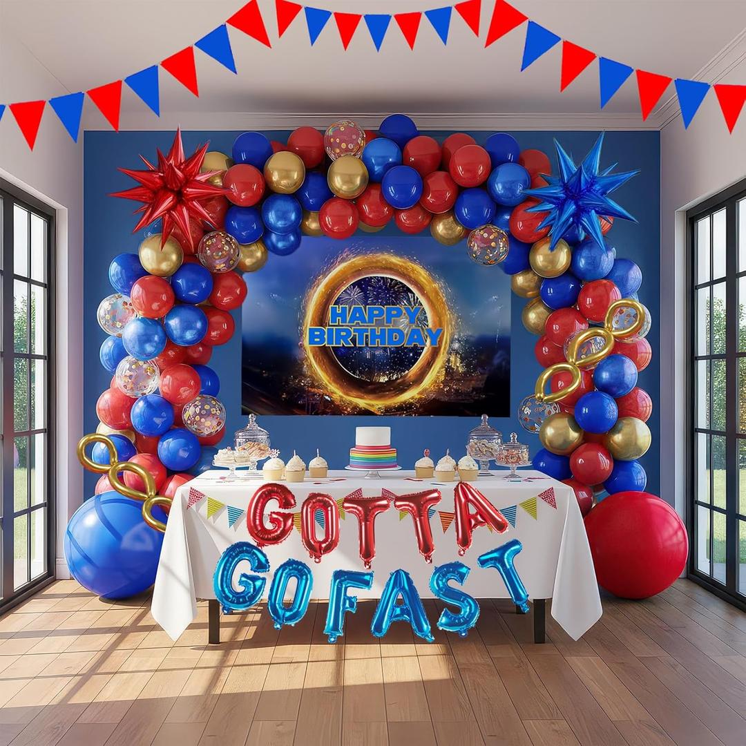 Red Blue Gold Hedgehog Birthday Party Decorations with Letter Lightning foil balloons Banner background backdrop for kid video game Cartoon Movies Super hero themed birthday gamer party decor (Pink and Yellow)