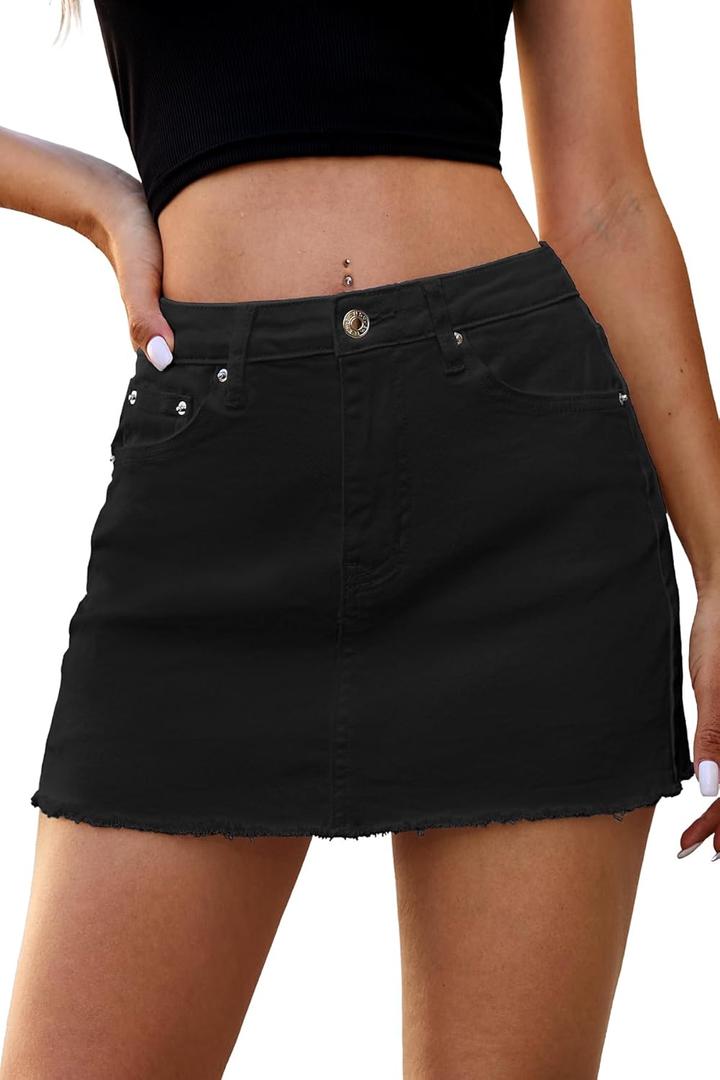 ELLEVEN Denim Skirt Women Mini Low Waist Stretchy Raw Hem Jean Skirt with Pockets (Large, Black)