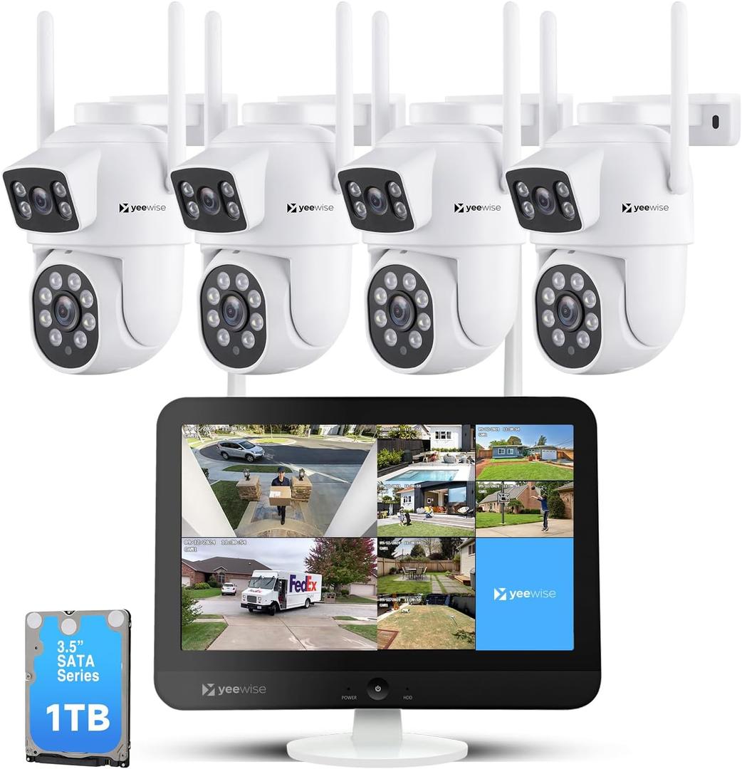 YEEWISE 2K Wi-Fi 6 Wireless Security Camera System with 12" Monitor, Dual Lens WiFi Security Cameras with 360 Pan Tilt & Auto Tracking, 16CH NVR with 1TB HDD, 5G&2.4G WiFi, 24/7 Record,Plug-in Power