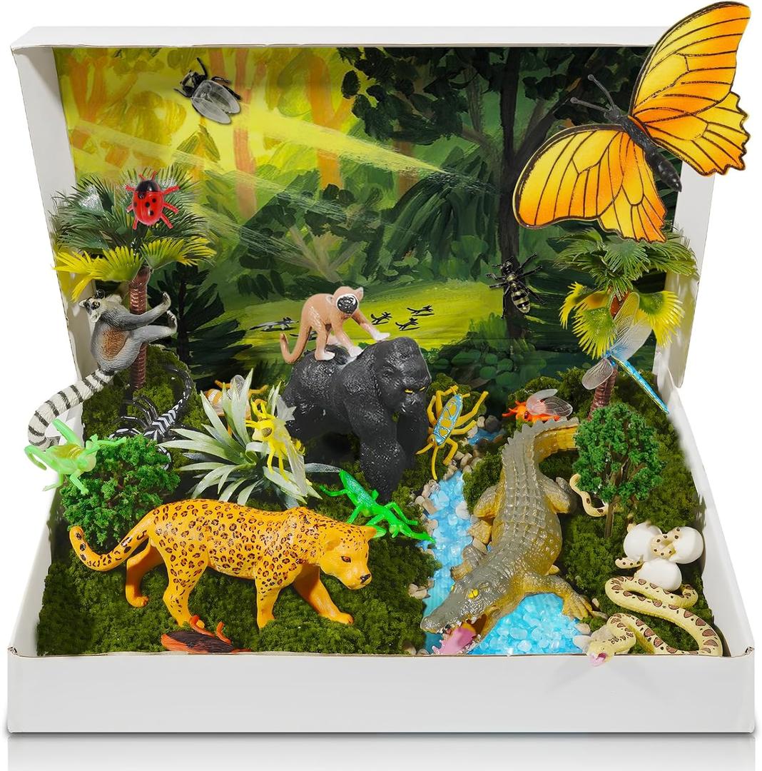 Rainforest Diorama Animals Figurines Set Assorted Creatures Rainforest Diorama Supplies Animals Model Trees DIY Rainforest Decor for Birthday Gift