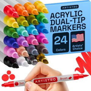 ARTISTRO 24 Acrylic Paint Markers for Fabric, Rocks, Paper, Wood, Canvas, Glass, DIY - Safe for Kids Dual Tip Acrylic Paint Pens (Dual Tip Dot + Brush, 24)