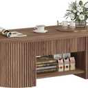 FATORRI Oval Coffee Table with Fluted Wood Panels, Mid-Century Modern Center Table with Storage Drawer and Open Shelf, Walnut Cocktail Table for Living Room, Bedroom, Home Office, 43 Inch