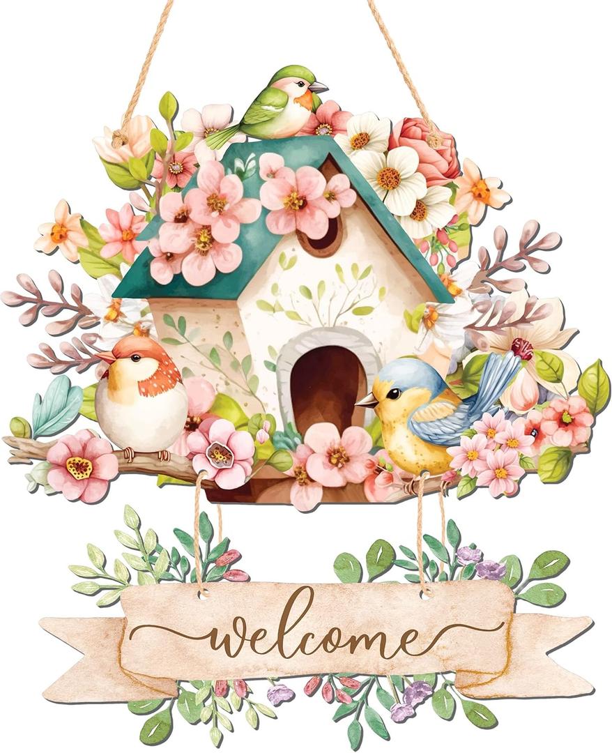 Decorative Spring Door Hangers Welcome Sign Blooming Flowers Birdhouse Wall Tags Plaque for Farmhouse Porch Front Yard Ornament Ironwork