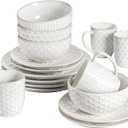 LE TAUCI 16 Piece Dinnerware Set, Arctic White, Stoneware Plates and Bowls With Mugs, Ideal for 4, Serve for 4, Stackable, Lead and Cadmium Free