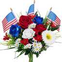 HUAESIN Memorial Day Flowers for Cemetery Artificial Cemetery Flowers for Grave Silk Red White and Blue Flower with Flags Patriotic Flowers for 4th of July Home Table Entryway Decor