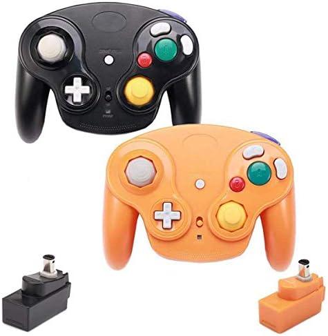 VTone Wireless Game Cube Controller, 2 Pieces 2.4G Wireless Classic Gamepad with Receiver Adapter for Wii Game Cube NGC GC (Black and Orange)