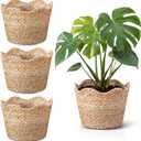 4 Pcs Large Seagrass Planter Basket with Plastic Lining Wicker Planter Basket Weaved Baskets for Plants Laundry Baskets Plant Container Straw Flower Pot for Indoor Outdoor Plants