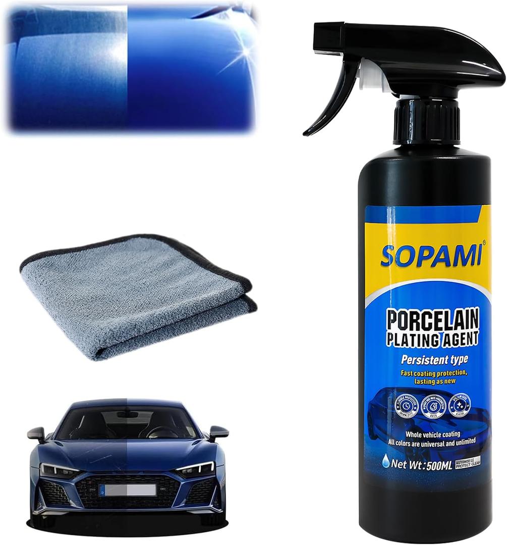 SOPAMI Car Coating Spray, Quick Effect Coating Agent,Quickly Coat Wax Spray Car Scratch Wax Polish Waterless Wash Oil Film Emulsion Glass Cleaner (1 Pc+Cloth)