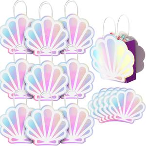 Locmeo 12 Pack Holographic Sea Shell Gift Bags DIY Mermaid Party Favor Bags with Iridescent Shell Paper Cards for Mermaid Themed Supplies Ocean Under the Sea Party Favors