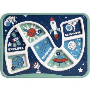 GSM Brands Kids Dinner Plate for Picky Eating Toddlers: Healthy Constructive Fun Meal Time, Divided Portions, Space Themed