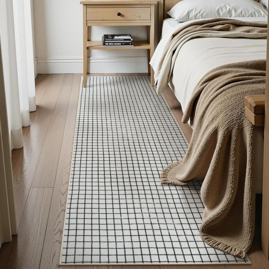 STARUIA Plaid Runner Rug Non Slip, 2x6 Washable Rugs Modern Neutral Runner Checkered Rug for Bedroom, Soft Low Pile Entryway Hall Carpet for Hallways Kitchen Laundry Living Room (Black/White)