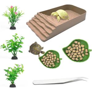 3 PCS Reptile Water Dish, Leaf Reptile Water Bowl, Amphibians Habitat Yellow Tortoise Water Dish with Climbing Ramp for Turtle, Gecko, Snake, Bearded Dragon, Lizard