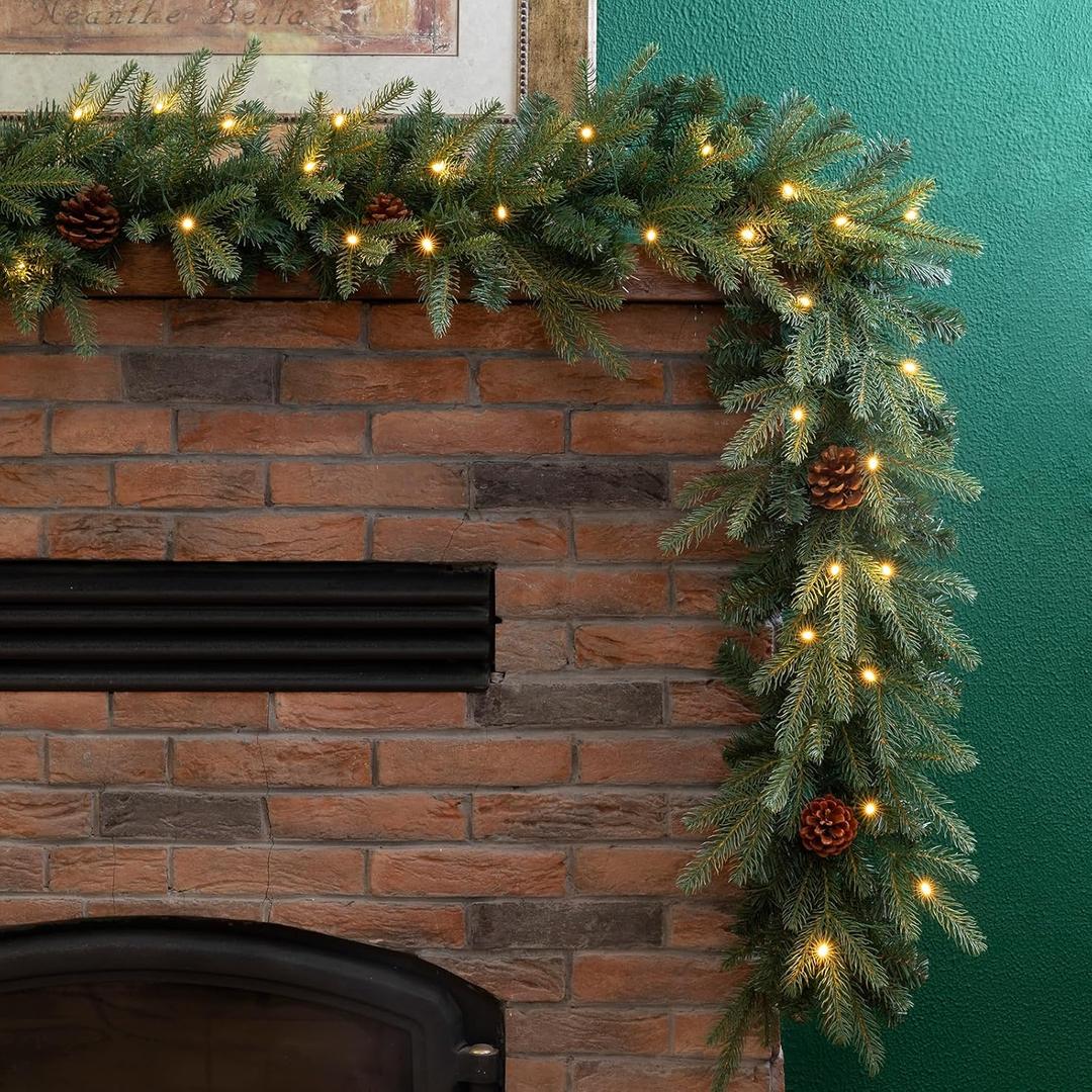 Glitzhome 2PCS 9ft Christmas Garland for Mantle, Prelit Greenery Garland Pine Cone Christmas Garland with Lights and Timer for Fireplace, Dining Table, Stairs, Doors Home Party Decoration