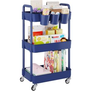 UDEAR 3-Tier Rolling Utility Cart,Multifunctional Storage Shelves with Handle and Lockable Wheels for Room,Office,Kitchen,Bathroom,with 3 Hanging Cups,Blue