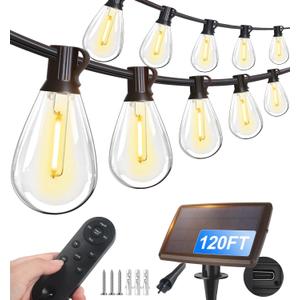 Tenmiro 120FT Solar Outdoor String Lights with Remote and 32+2 LED Shatterproof Bulbs Dimmable & Timing 3 Light Modes Solar Patio String Lights for Cafe, Garden, Deck, Outside Wedding Last for 10+Hrs